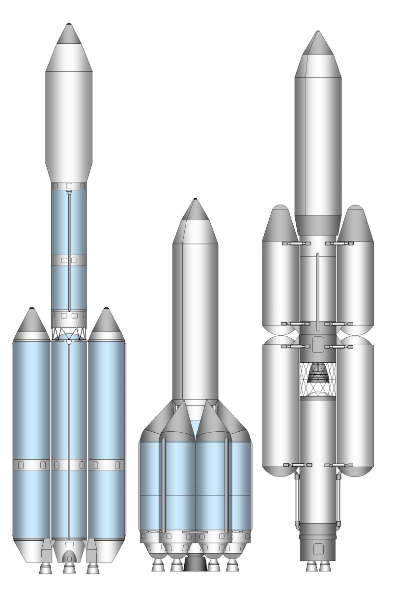 Ракеты-носители, предложенные НПО «Энергия» (слева) и ГКНПЦ имени М.В. Хруничева. Интересный вариант с переливом топлива (в центре) был отвергнут. Рисунок Д. Воронцова